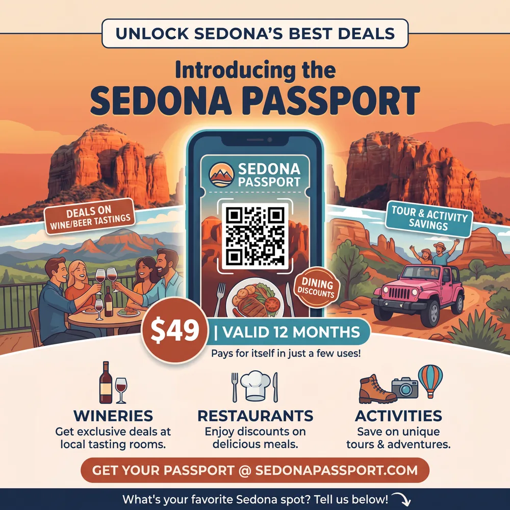 Sedona Passport — $49, valid 12 months. Deals on wine & beer tastings, dining discounts, tour & activity savings.